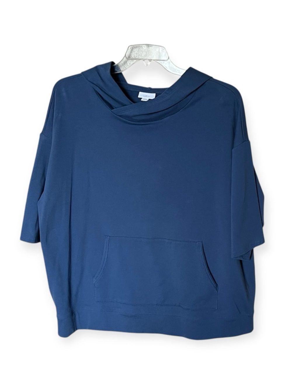 J. Jill Fit Blue Cotton-Blend Oversized Short Sleeve Hooded Sweatshirt Shirt Top